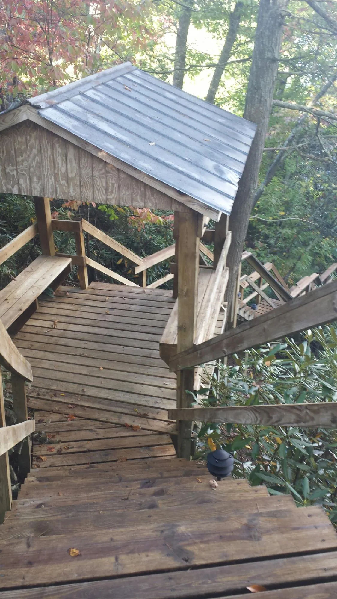 Metal roofed shelter over wooden steps on a wooded walkway — Skylight Repair & Installation work by our crew in Wytheville